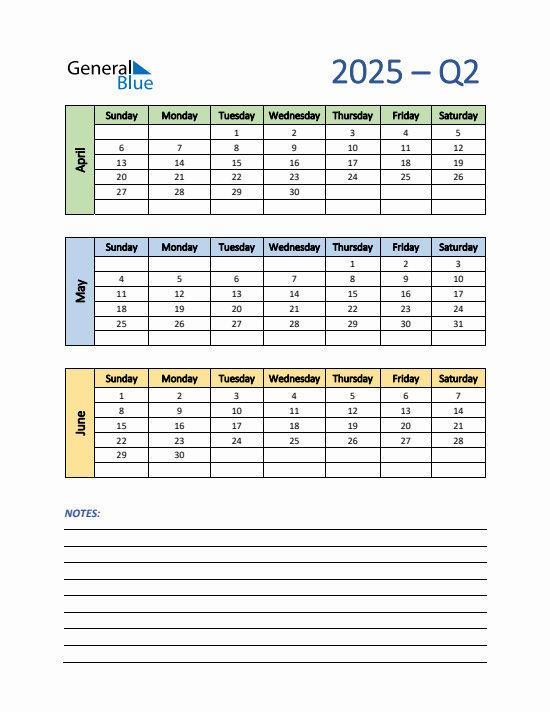 Quarter 2 2025 calendar template