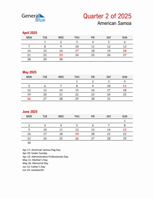 Printable Three Month Calendar with American Samoa Holidays