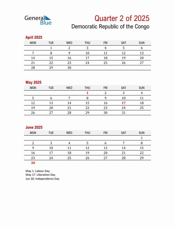 Printable Three Month Calendar with Democratic Republic of the Congo Holidays