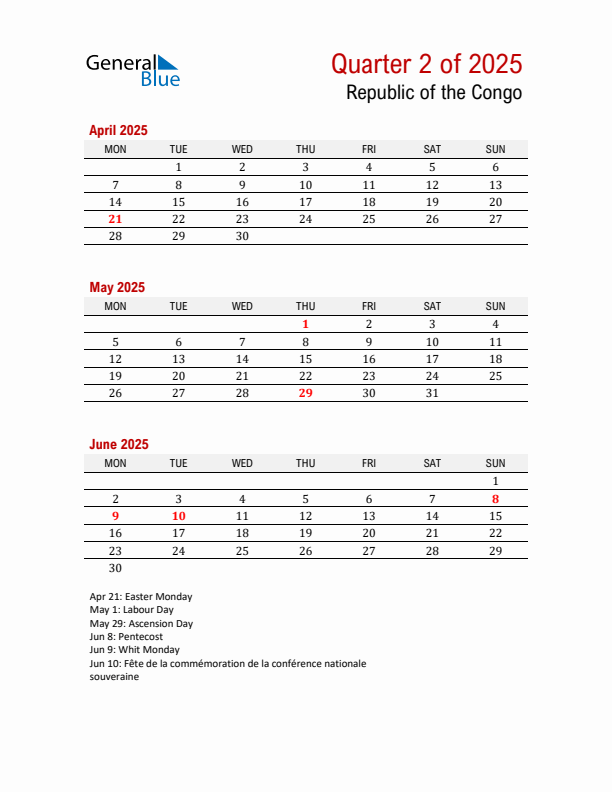 Printable Three Month Calendar with Republic of the Congo Holidays