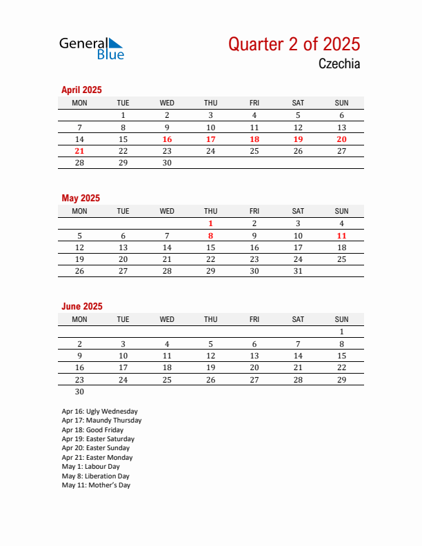 Printable Three Month Calendar with Czechia Holidays