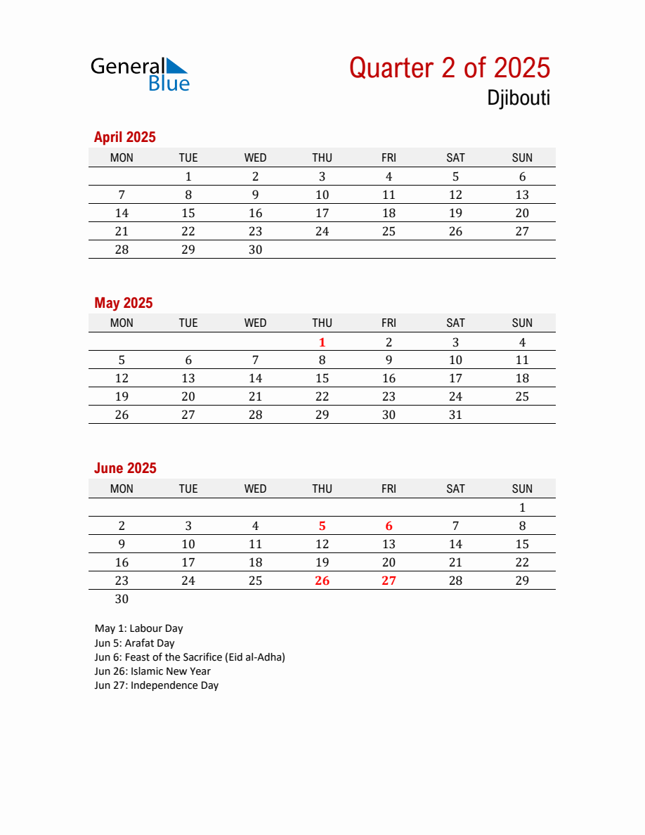 Printable Three Month Calendar with Djibouti Holidays (Q2 2025 ...