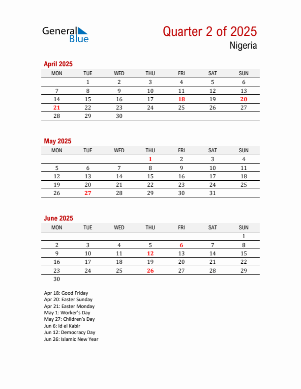 Printable Three Month Calendar with Nigeria Holidays