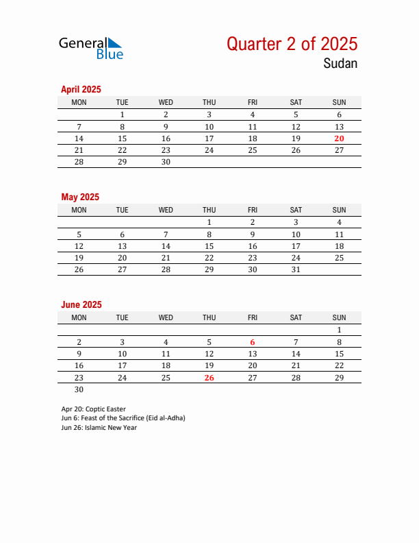 Printable Three Month Calendar with Sudan Holidays