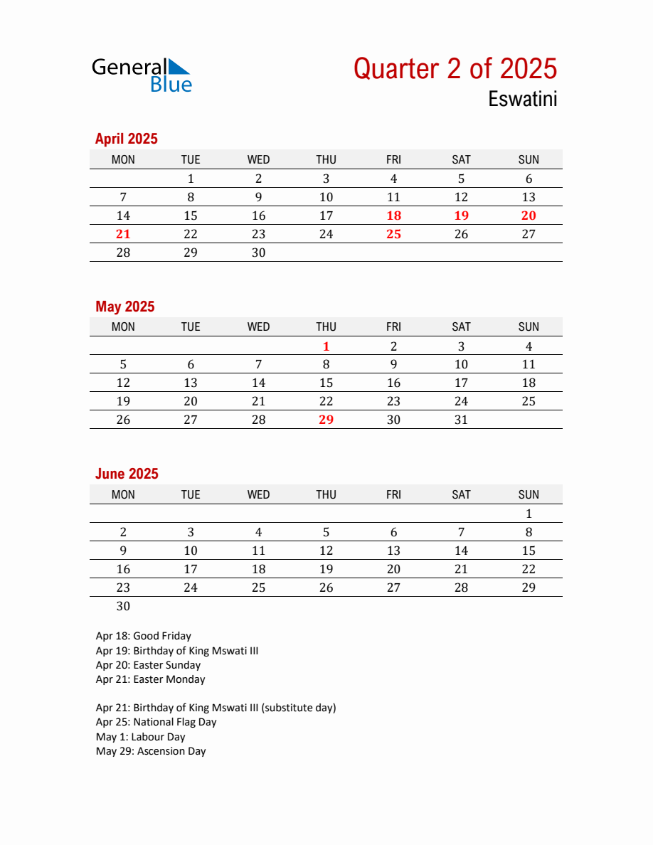 Printable Three Month Calendar with Eswatini Holidays (Q2 2025 ...