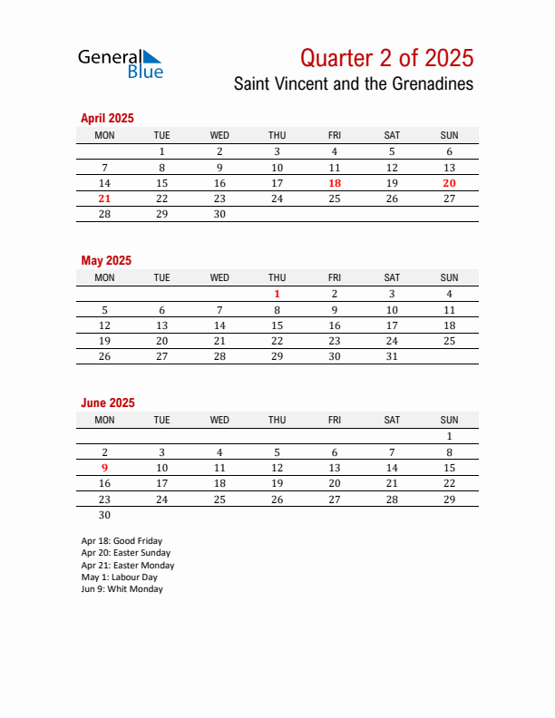 Printable Three Month Calendar with Saint Vincent and the Grenadines Holidays