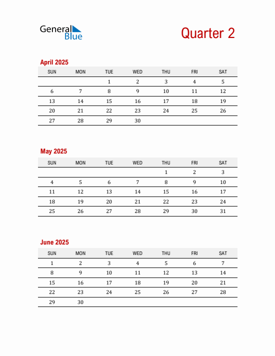 Quarter 2 2025 calendar template