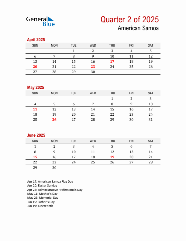 Printable Three Month Calendar with American Samoa Holidays