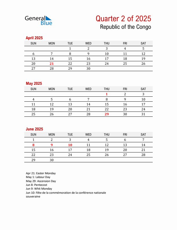Printable Three Month Calendar with Republic of the Congo Holidays