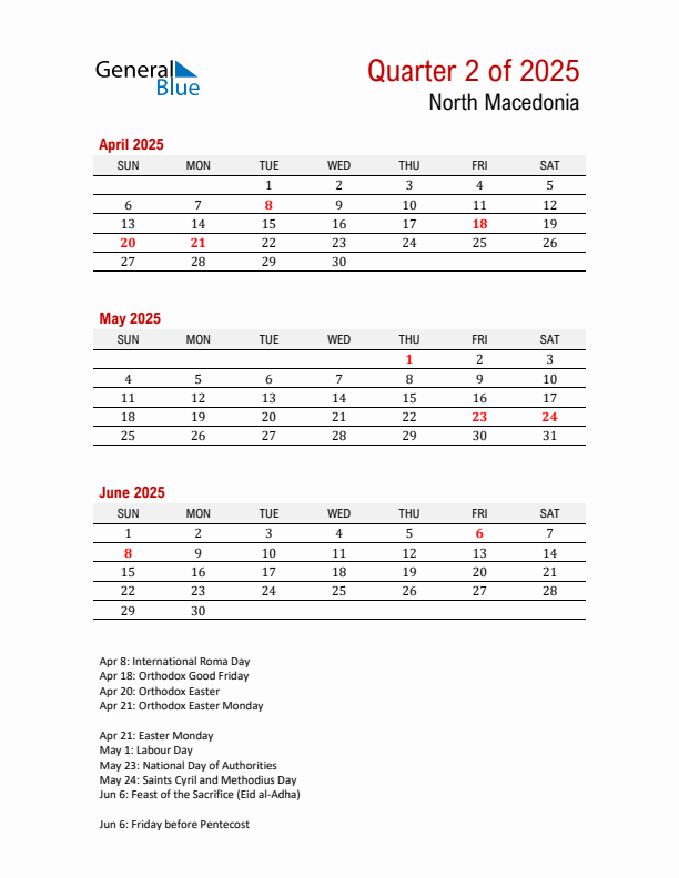 Printable Three Month Calendar with North Macedonia Holidays