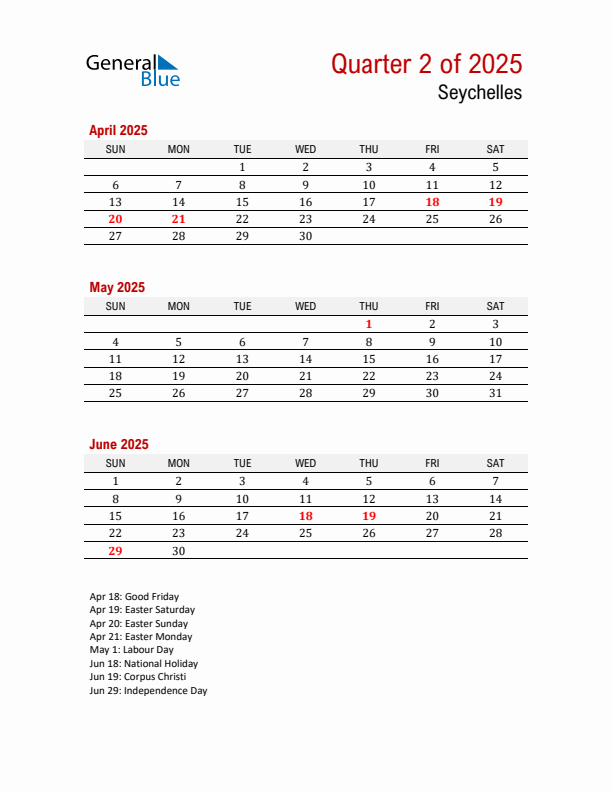Printable Three Month Calendar with Seychelles Holidays