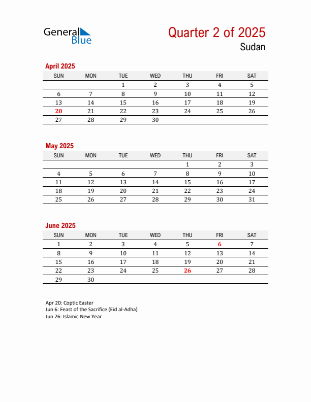 Printable Three Month Calendar with Sudan Holidays
