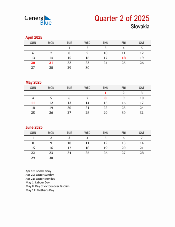 Printable Three Month Calendar with Slovakia Holidays