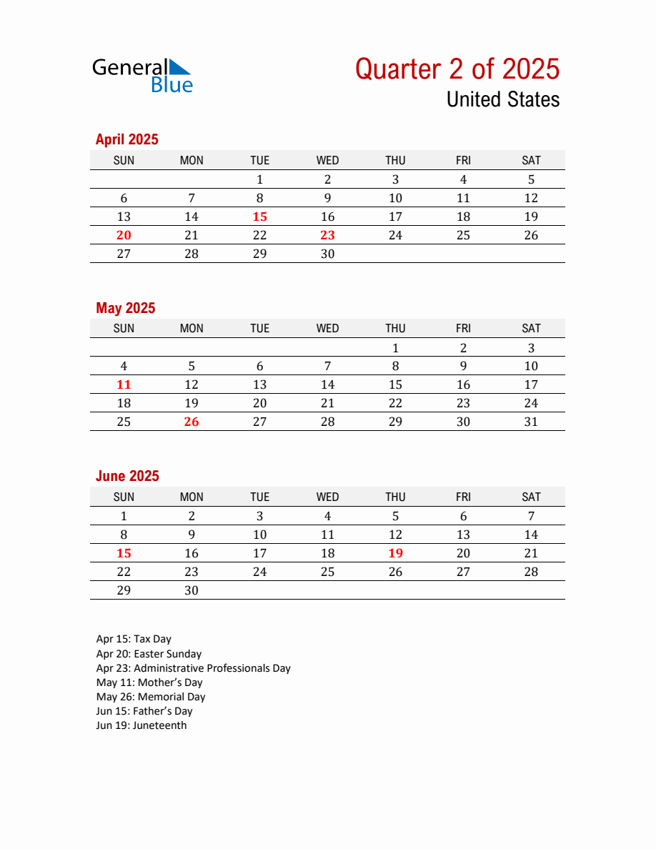 Printable Three Month Calendar with United States Holidays (Q2 2025)