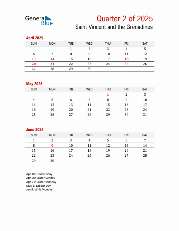 Printable Three Month Calendar with Saint Vincent and the Grenadines Holidays