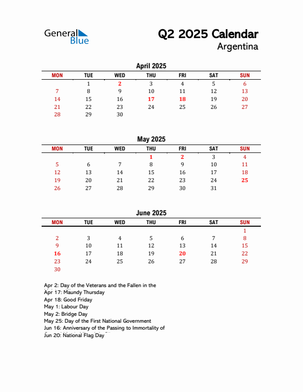 2025 Q2 Calendar with Holidays List for Argentina