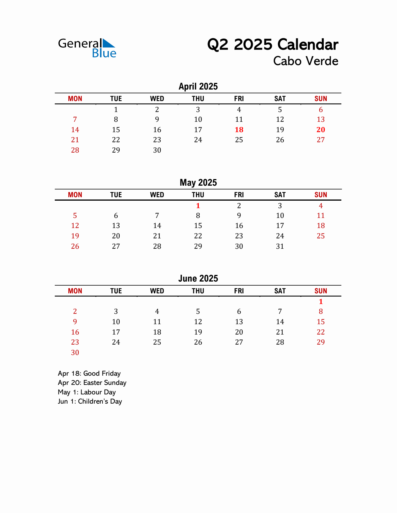 2025 Q2 Calendar with Holidays List for Cabo Verde