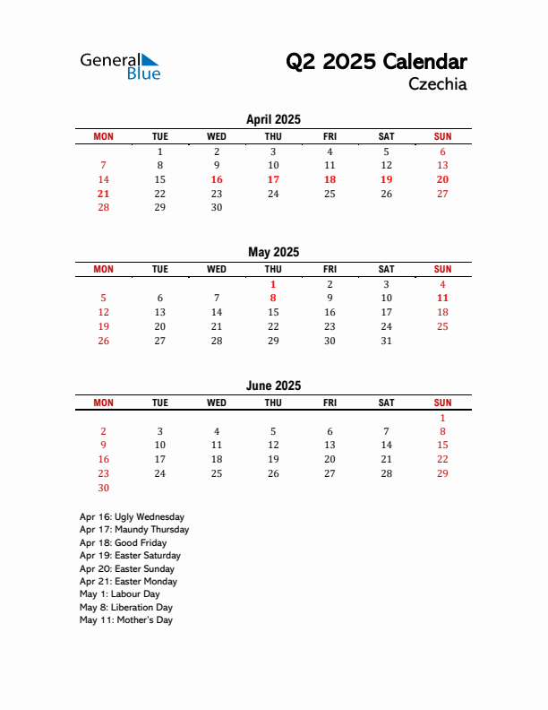 2025 Q2 Calendar with Holidays List for Czechia