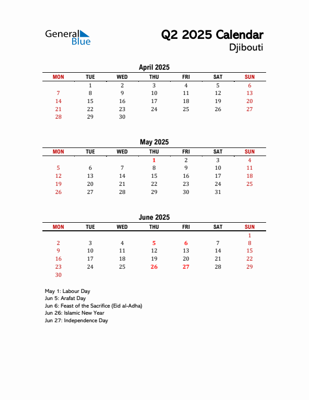 2025 Q2 Calendar with Holidays List for Djibouti