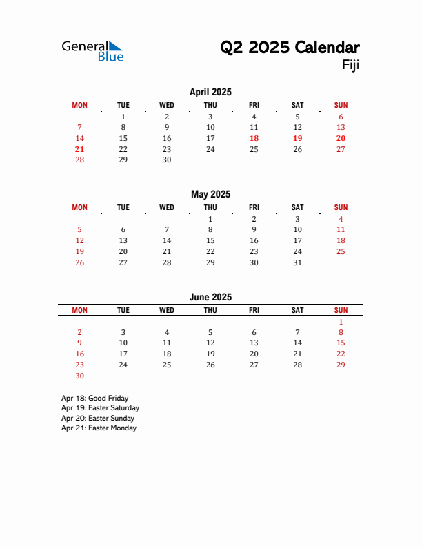 2025 Q2 Calendar with Holidays List for Fiji