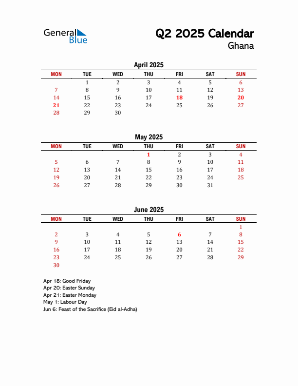 2025 Q2 Calendar with Holidays List for Ghana