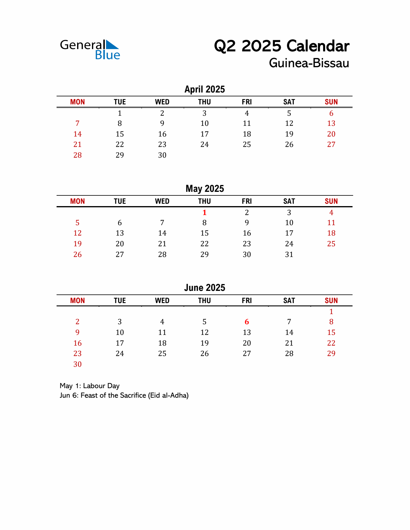 2025 Q2 Calendar with Holidays List for Guinea-Bissau
