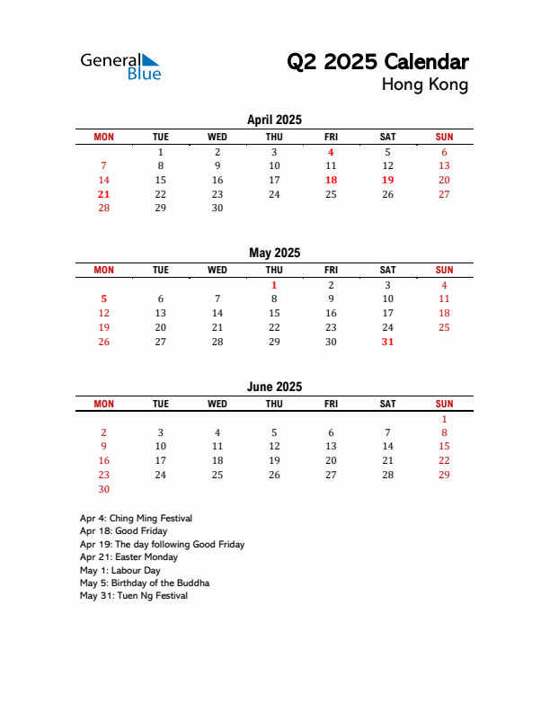 2025 Q2 Calendar with Holidays List for Hong Kong