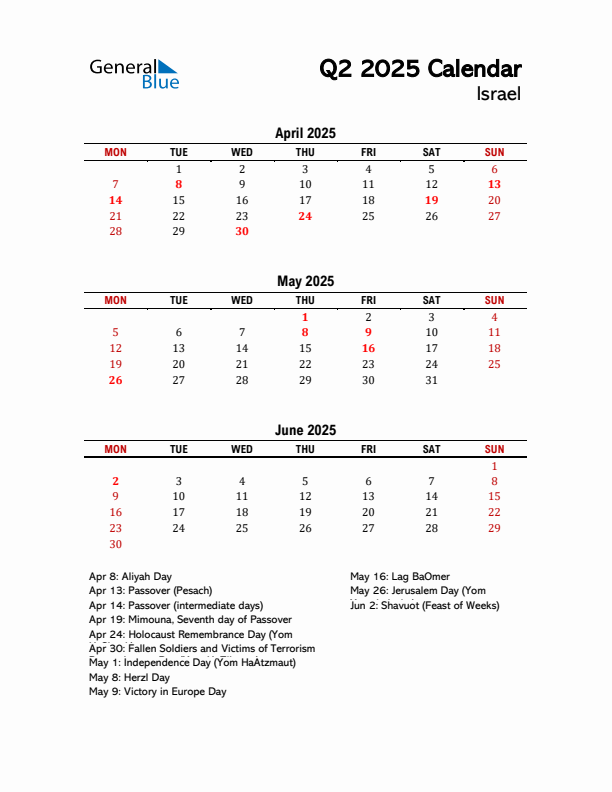 2025 Q2 Calendar with Holidays List for Israel