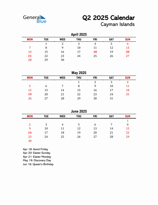 2025 Q2 Calendar with Holidays List for Cayman Islands