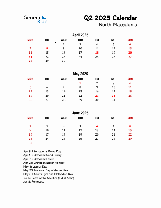 2025 Q2 Calendar with Holidays List for North Macedonia