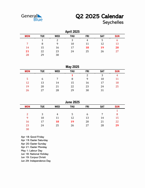2025 Q2 Calendar with Holidays List for Seychelles