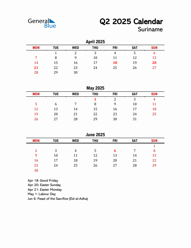 2025 Q2 Calendar with Holidays List for Suriname