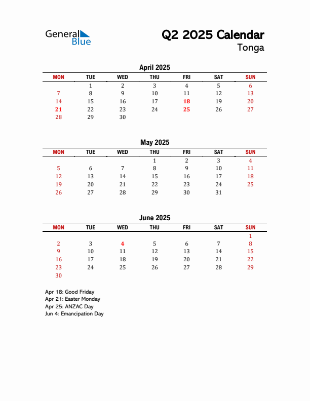 2025 Q2 Calendar with Holidays List for Tonga
