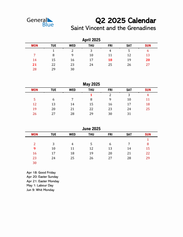 2025 Q2 Calendar with Holidays List for Saint Vincent and the Grenadines