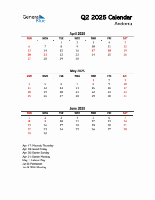 Andorra Quarter 2 2025 calendar template