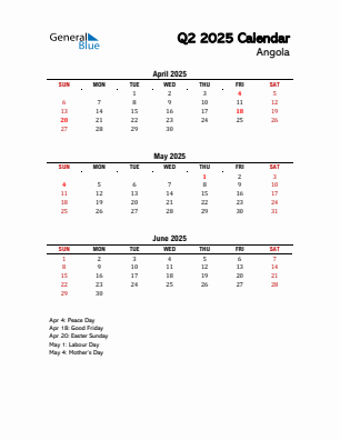 Angola Quarter 2 2025 calendar template