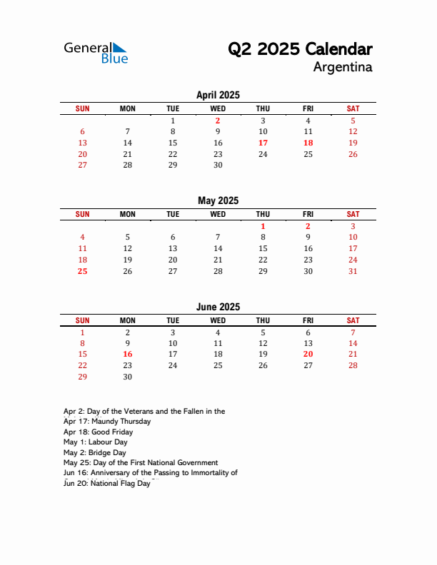 2025 Q2 Calendar with Holidays List for Argentina