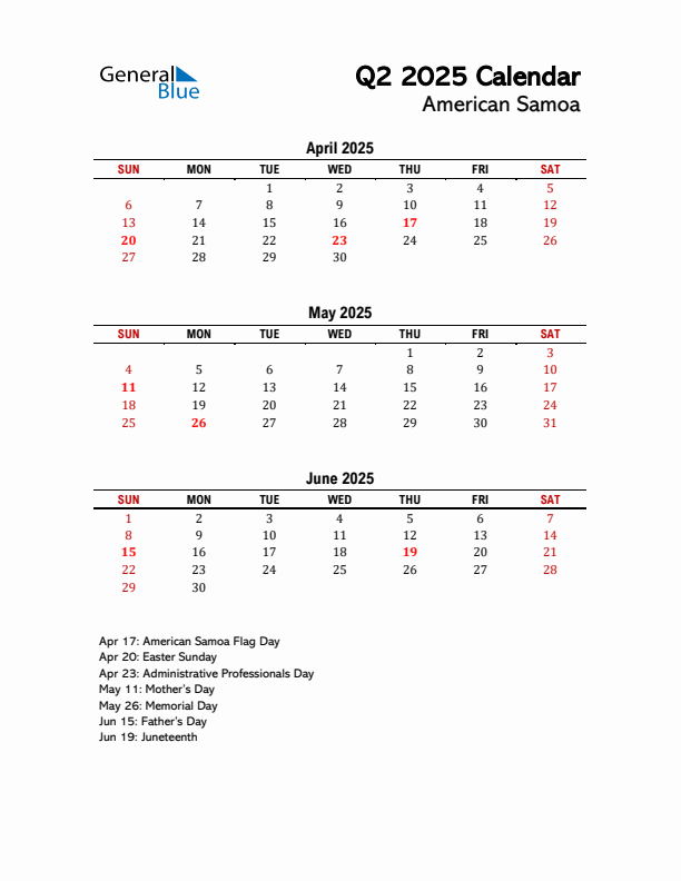 2025 Q2 Calendar with Holidays List for American Samoa