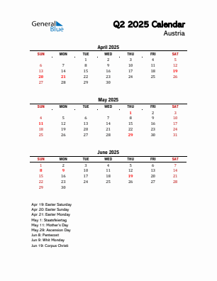 Austria Quarter 2  2025 calendar template