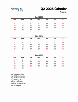 Aruba Quarter 2 2025 calendar template