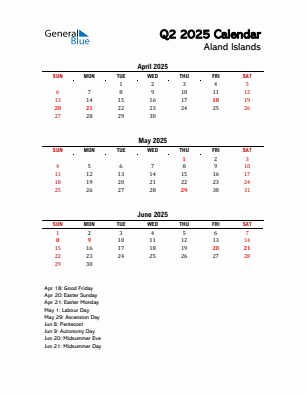 Aland Islands Quarter 2 2025 calendar template