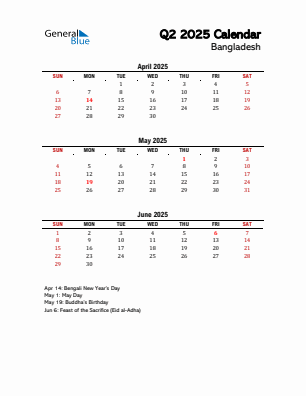 Bangladesh Quarter 2 2025 calendar template