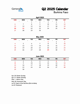 Burkina Faso Quarter 2 2025 calendar template