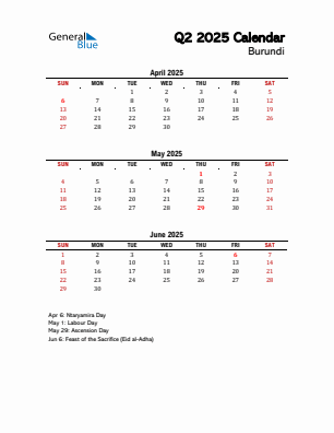 Burundi Quarter 2 2025 calendar template