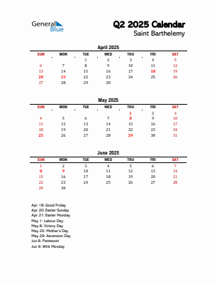 Saint Barthelemy Quarter 2 2025 calendar template