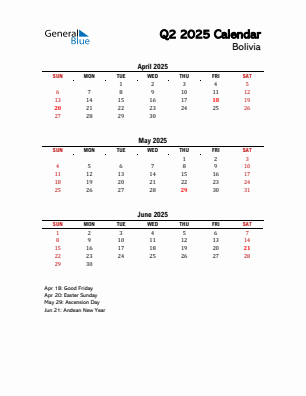 Bolivia Quarter 2 2025 calendar template