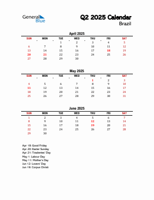Brazil Quarter 2 2025 calendar template