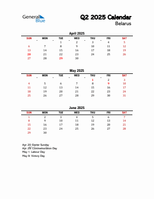 Belarus Quarter 2 2025 calendar template