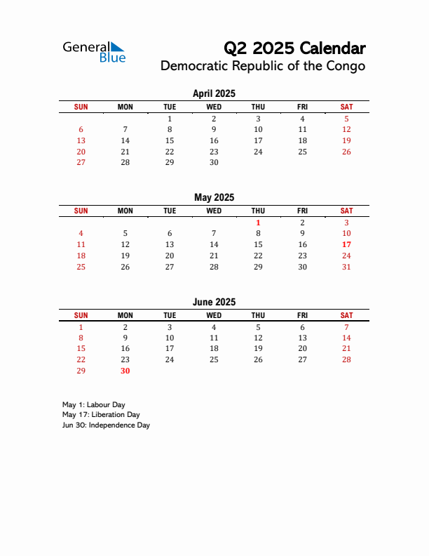 2025 Q2 Calendar with Holidays List for Democratic Republic of the Congo