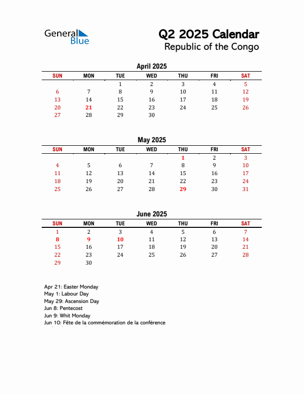 2025 Q2 Calendar with Holidays List for Republic of the Congo